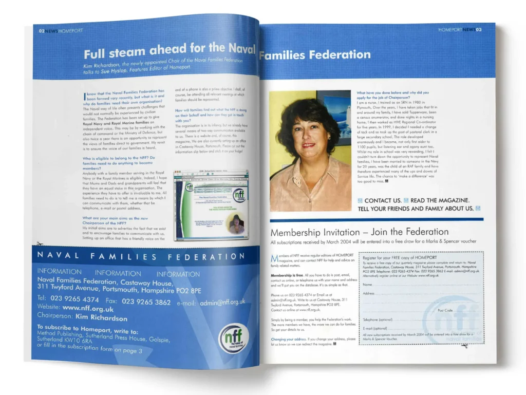 The first Homeport magazine in 2003 with an article featuring the then Chairperson, Kim Richardson.